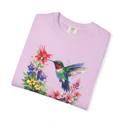 Hummingbird Wildflower Watercolor Tee | Jewel Tone Nature Shirt | Bird Watcher Gift