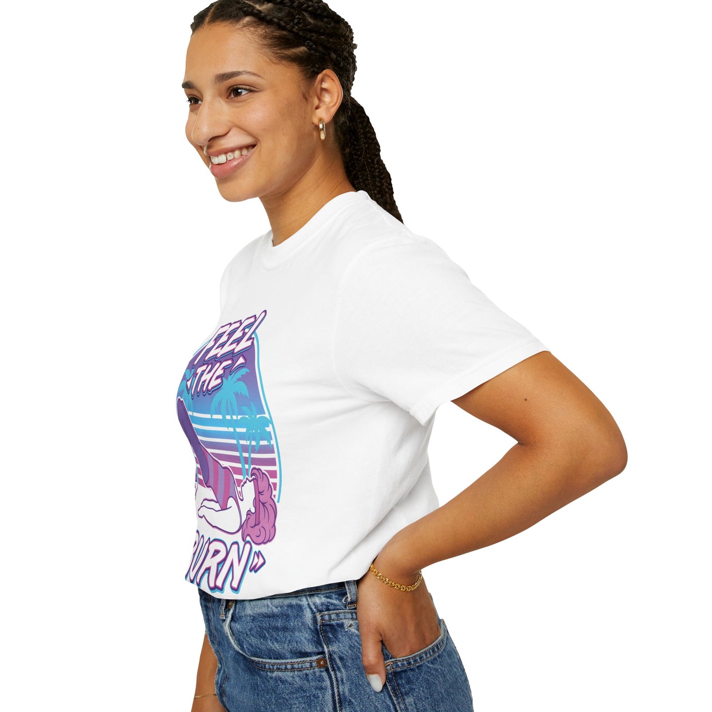 Feel the Burn Retro 80s Glute Thrust Pose Graphic Tee | Vintage Workout Shirt