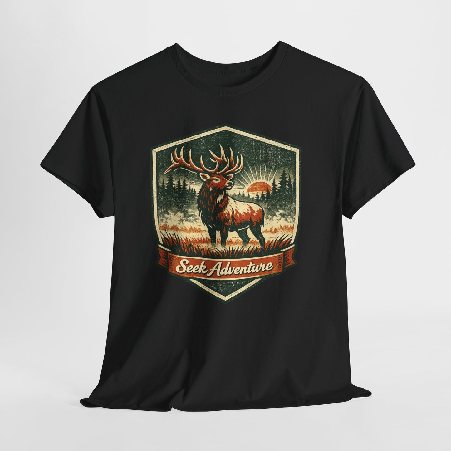 Elk At Dawn Vintage Badge Tee | Seek Adventure Graphic Shirt | Outdoor Nature Gift