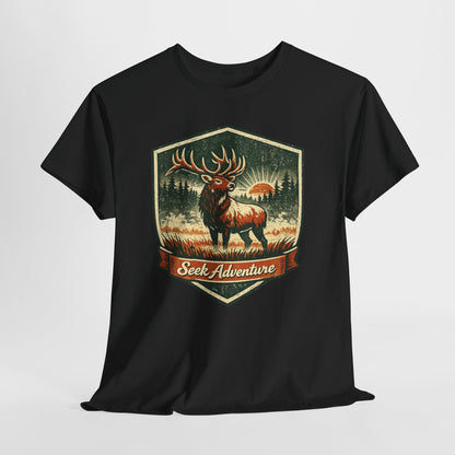 Elk At Dawn Vintage Badge Tee | Seek Adventure Graphic Shirt | Outdoor Nature Gift