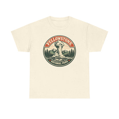 Yellowstone Park Badge Tee | Old Faithful Mountain Pine Trees Retro Circle Design