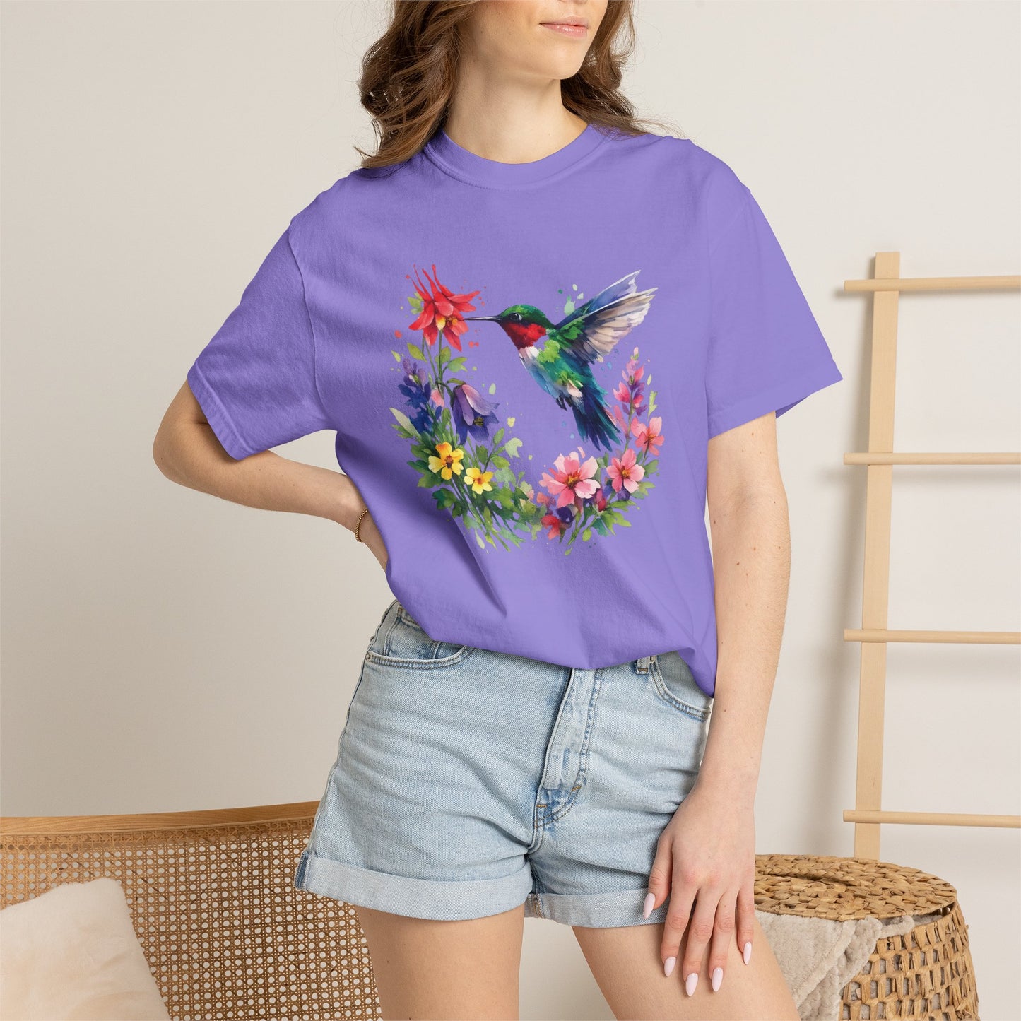 Hummingbird Wildflower Watercolor Tee | Jewel Tone Nature Shirt | Bird Watcher Gift