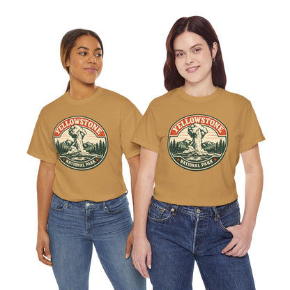Yellowstone Park Badge Tee | Old Faithful Mountain Pine Trees Retro Circle Design