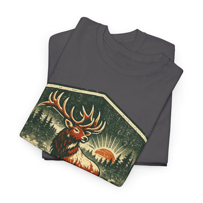 Elk At Dawn Vintage Badge Tee | Seek Adventure Graphic Shirt | Outdoor Nature Gift