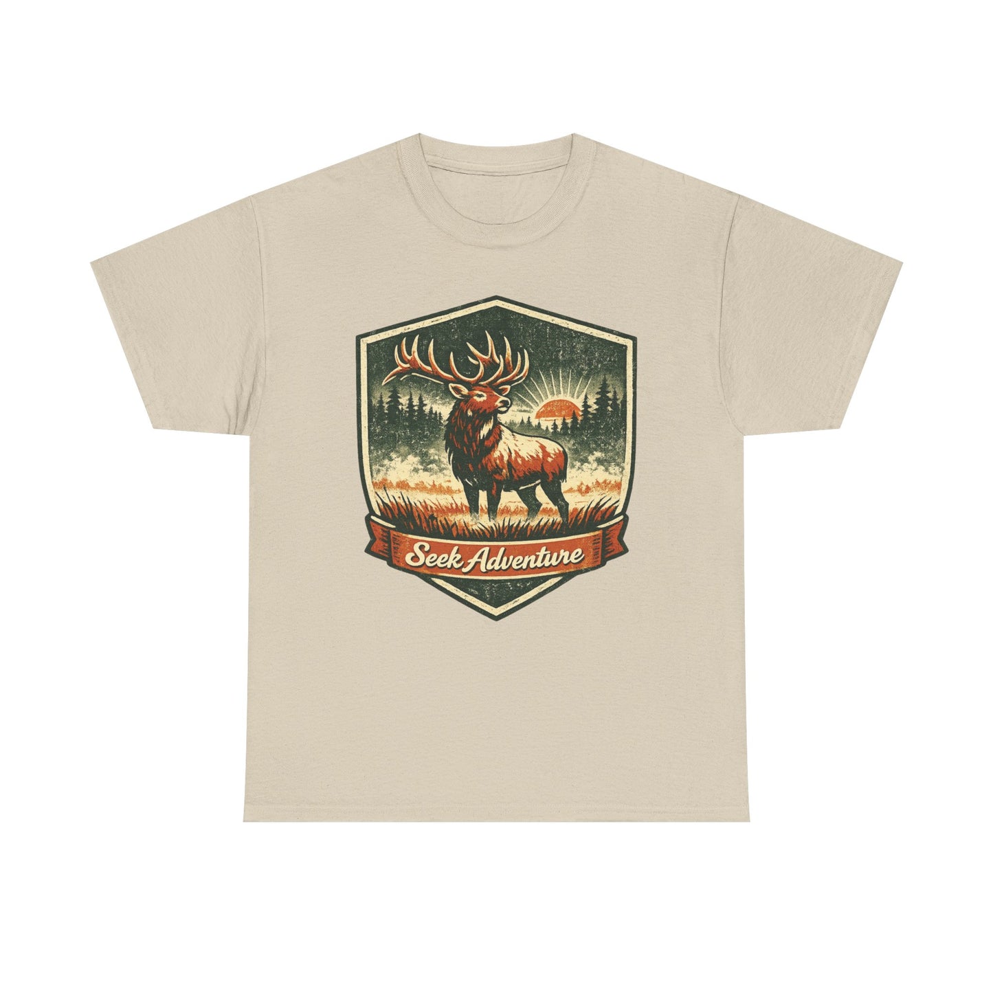 Elk At Dawn Vintage Badge Tee | Seek Adventure Graphic Shirt | Outdoor Nature Gift