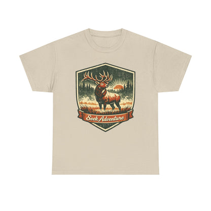 Elk At Dawn Vintage Badge Tee | Seek Adventure Graphic Shirt | Outdoor Nature Gift