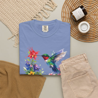 Hummingbird Wildflower Watercolor Tee | Jewel Tone Nature Shirt | Bird Watcher Gift