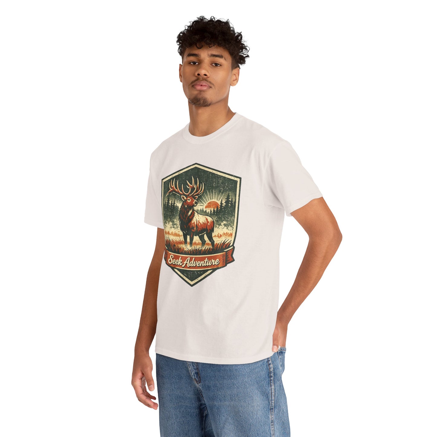 Elk At Dawn Vintage Badge Tee | Seek Adventure Graphic Shirt | Outdoor Nature Gift