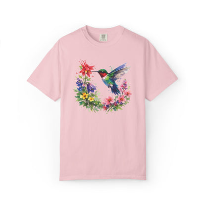 Hummingbird Wildflower Watercolor Tee | Jewel Tone Nature Shirt | Bird Watcher Gift