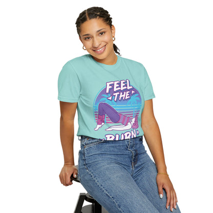 Feel the Burn Retro 80s Glute Thrust Pose Graphic Tee | Vintage Workout Shirt