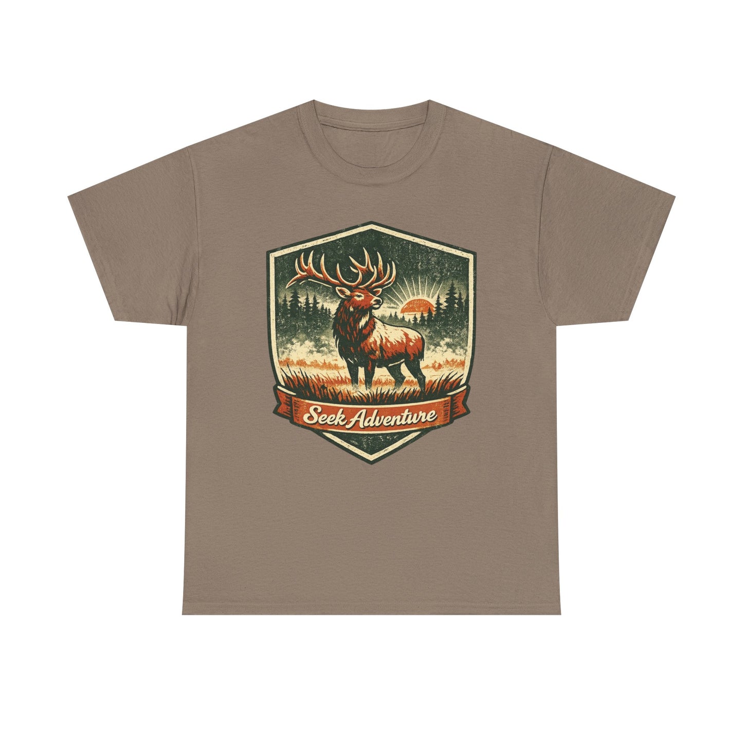Elk At Dawn Vintage Badge Tee | Seek Adventure Graphic Shirt | Outdoor Nature Gift
