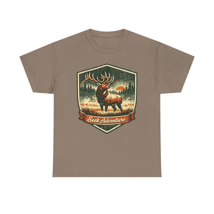 Elk At Dawn Vintage Badge Tee | Seek Adventure Graphic Shirt | Outdoor Nature Gift