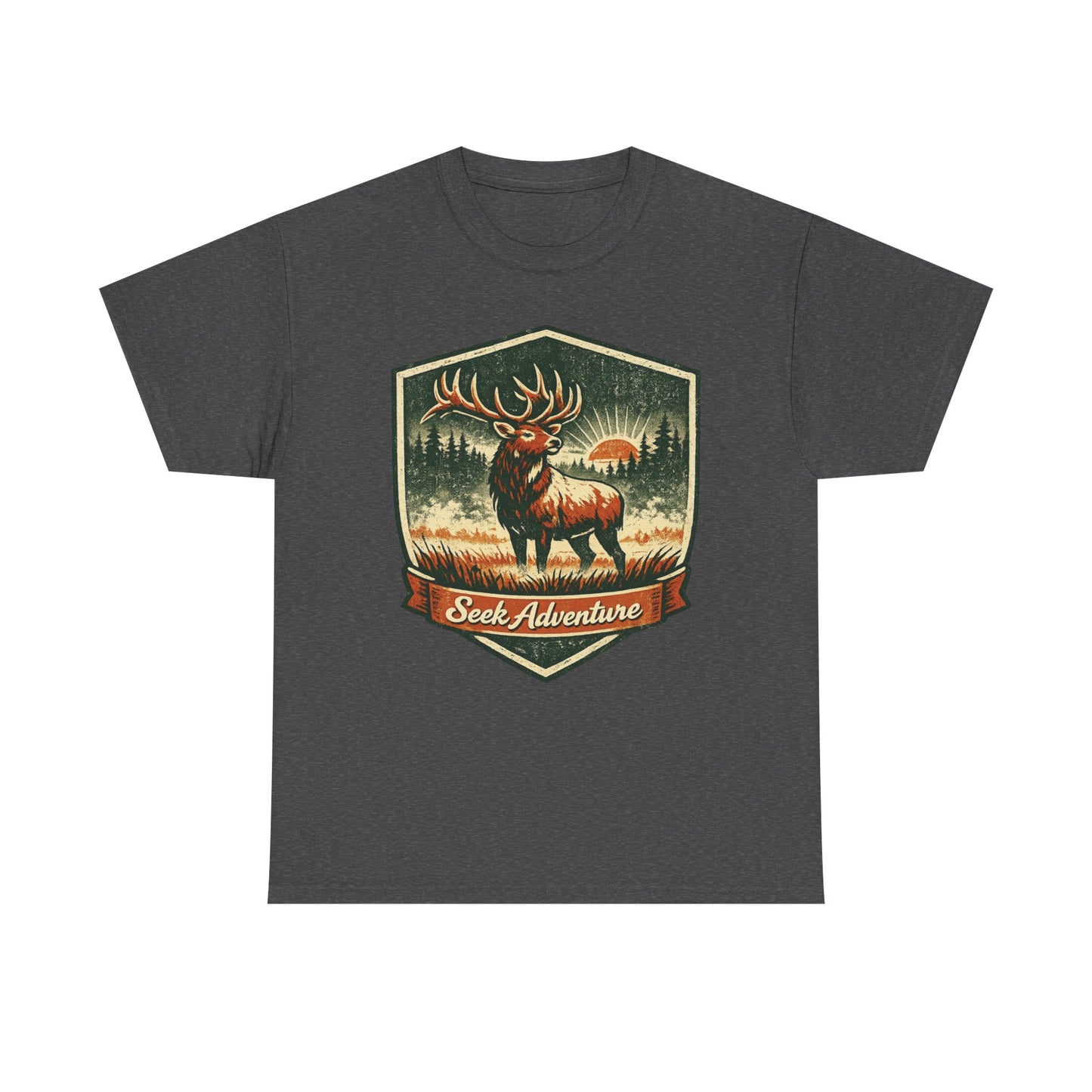 Elk At Dawn Vintage Badge Tee | Seek Adventure Graphic Shirt | Outdoor Nature Gift