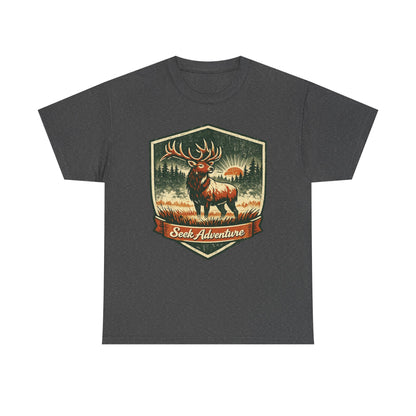 Elk At Dawn Vintage Badge Tee | Seek Adventure Graphic Shirt | Outdoor Nature Gift