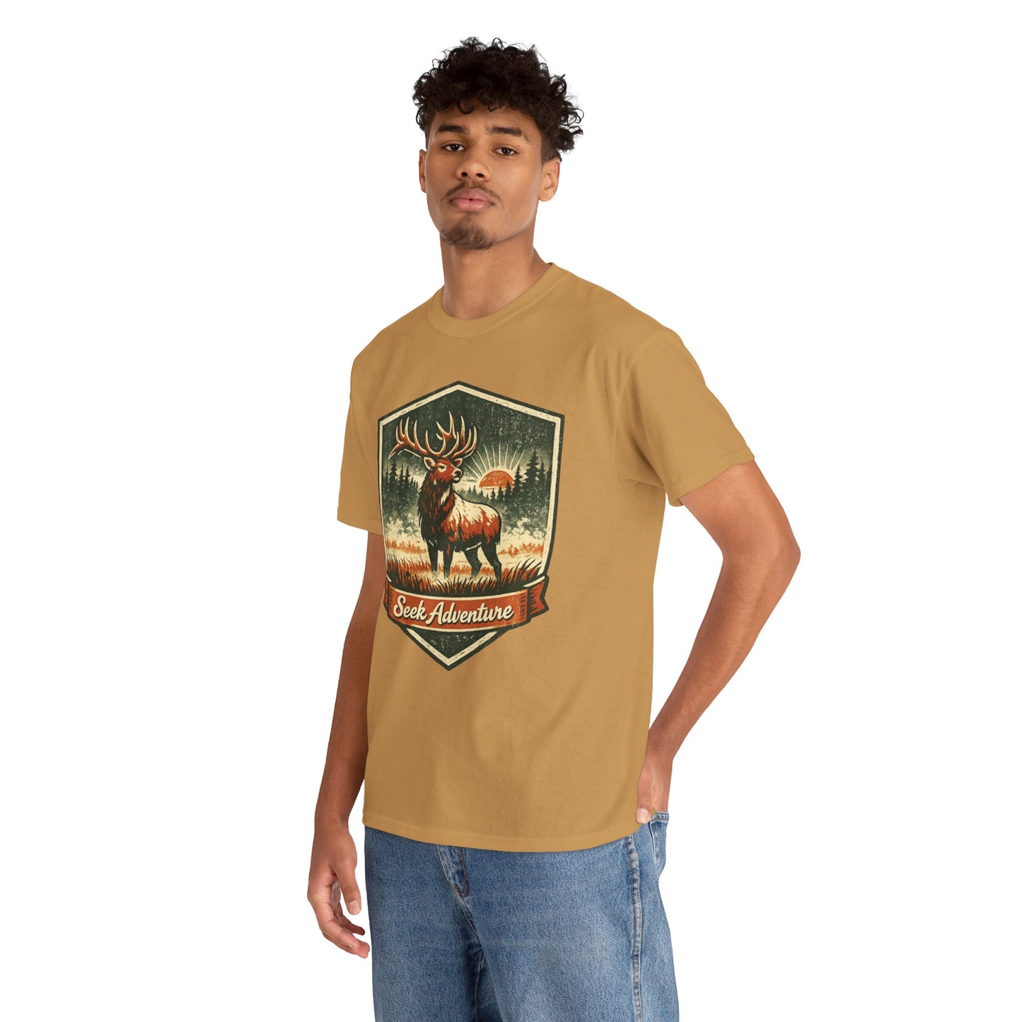 Elk At Dawn Vintage Badge Tee | Seek Adventure Graphic Shirt | Outdoor Nature Gift