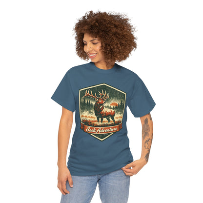 Elk At Dawn Vintage Badge Tee | Seek Adventure Graphic Shirt | Outdoor Nature Gift