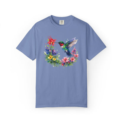 Hummingbird Wildflower Watercolor Tee | Jewel Tone Nature Shirt | Bird Watcher Gift