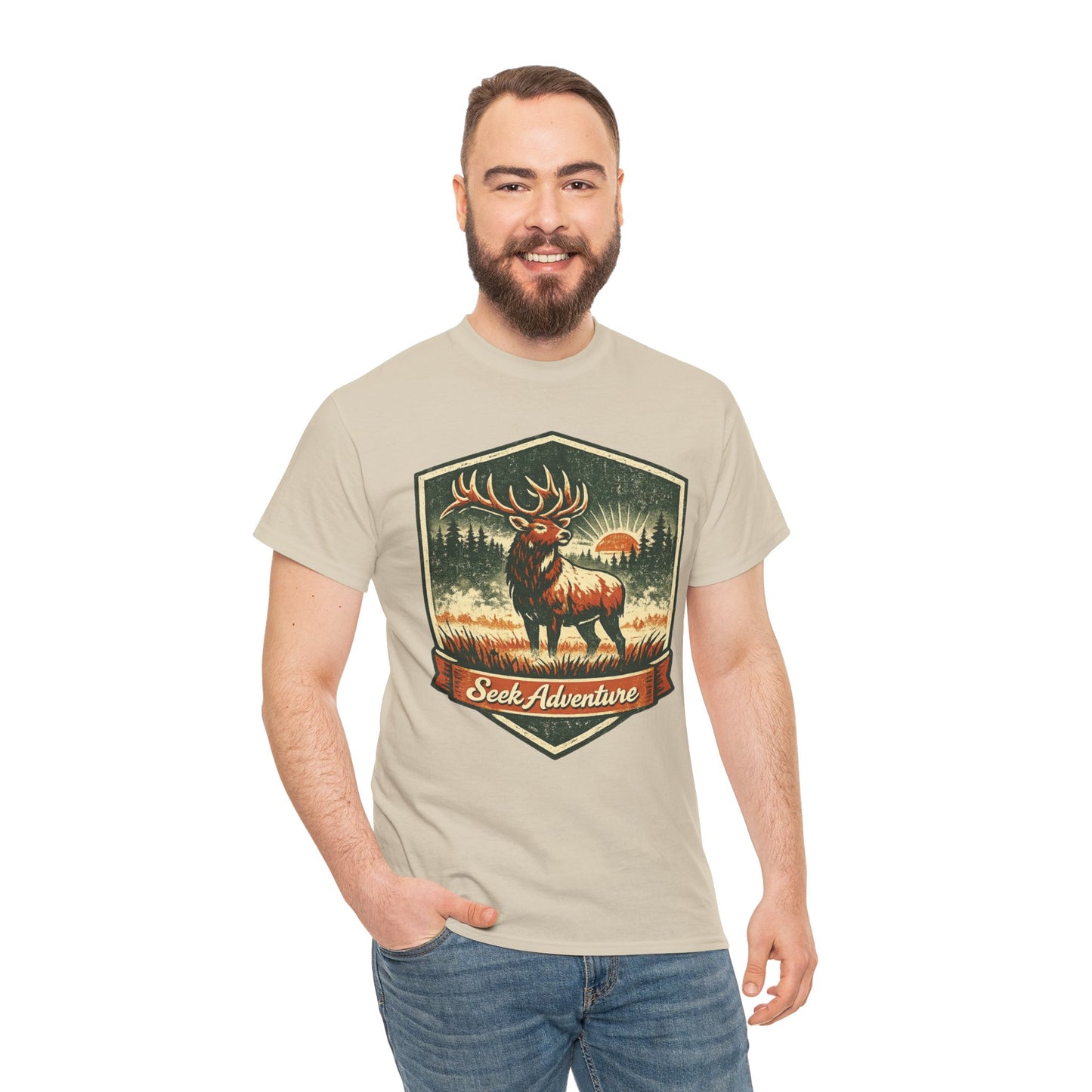 Elk At Dawn Vintage Badge Tee | Seek Adventure Graphic Shirt | Outdoor Nature Gift