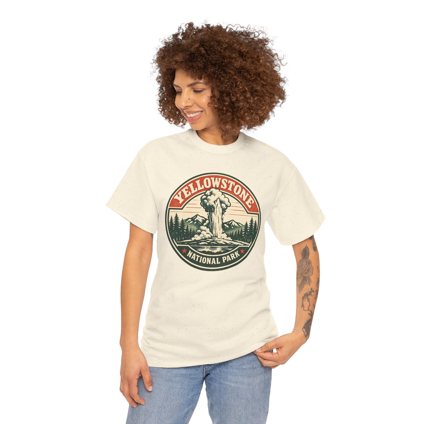 Yellowstone Park Badge Tee | Old Faithful Mountain Pine Trees Retro Circle Design