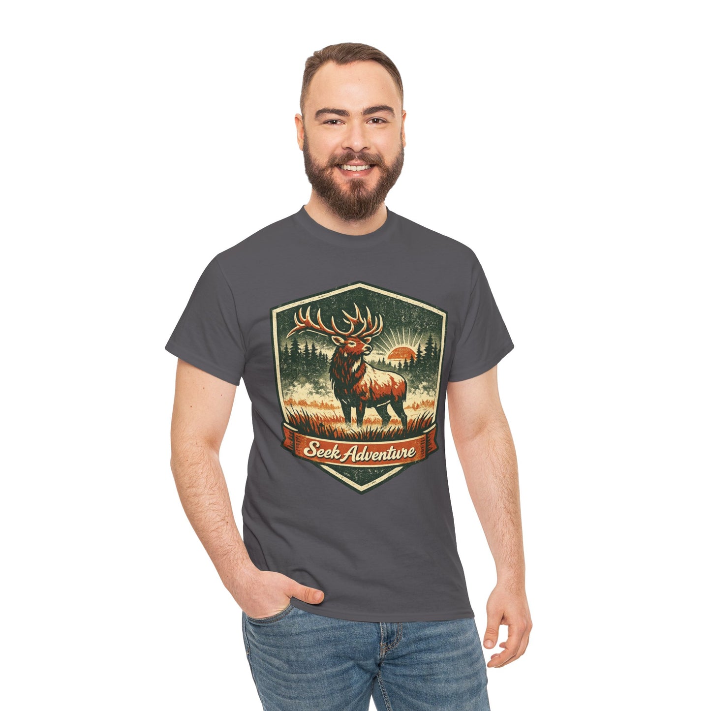 Elk At Dawn Vintage Badge Tee | Seek Adventure Graphic Shirt | Outdoor Nature Gift