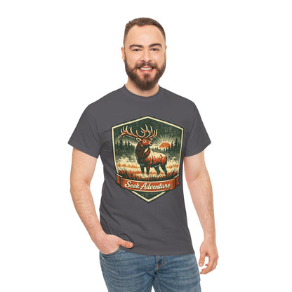 Elk At Dawn Vintage Badge Tee | Seek Adventure Graphic Shirt | Outdoor Nature Gift