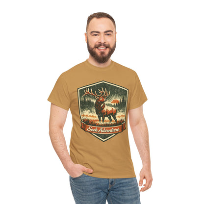 Elk At Dawn Vintage Badge Tee | Seek Adventure Graphic Shirt | Outdoor Nature Gift