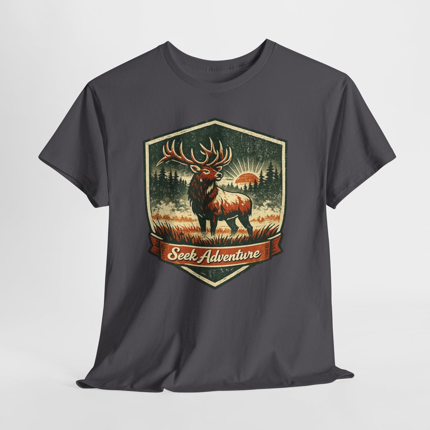 Elk At Dawn Vintage Badge Tee | Seek Adventure Graphic Shirt | Outdoor Nature Gift