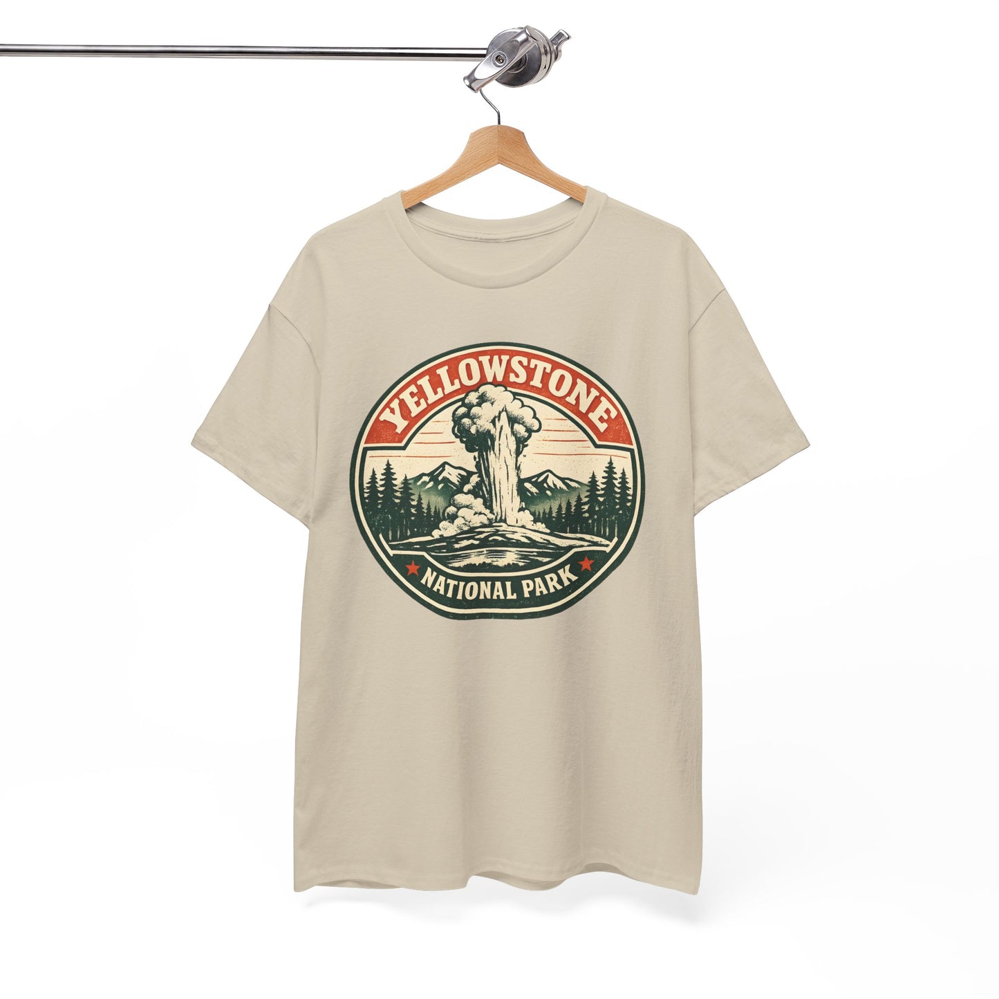 Yellowstone Park Badge Tee | Old Faithful Mountain Pine Trees Retro Circle Design