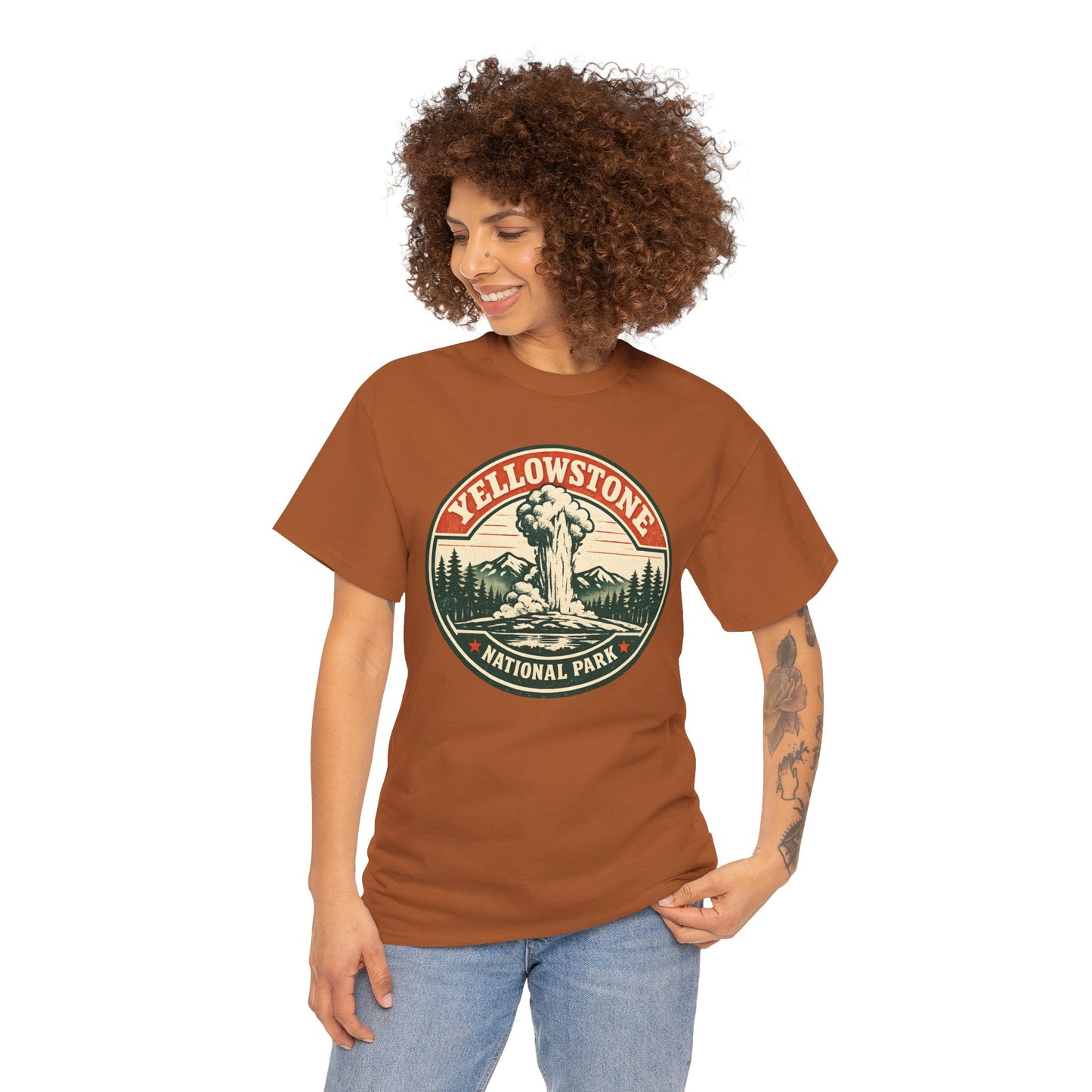 Yellowstone Park Badge Tee | Old Faithful Mountain Pine Trees Retro Circle Design