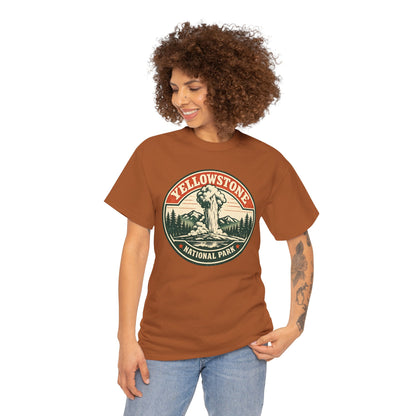 Yellowstone Park Badge Tee | Old Faithful Mountain Pine Trees Retro Circle Design