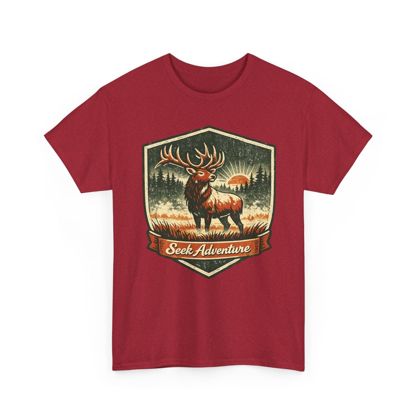Elk At Dawn Vintage Badge Tee | Seek Adventure Graphic Shirt | Outdoor Nature Gift