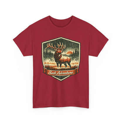 Elk At Dawn Vintage Badge Tee | Seek Adventure Graphic Shirt | Outdoor Nature Gift