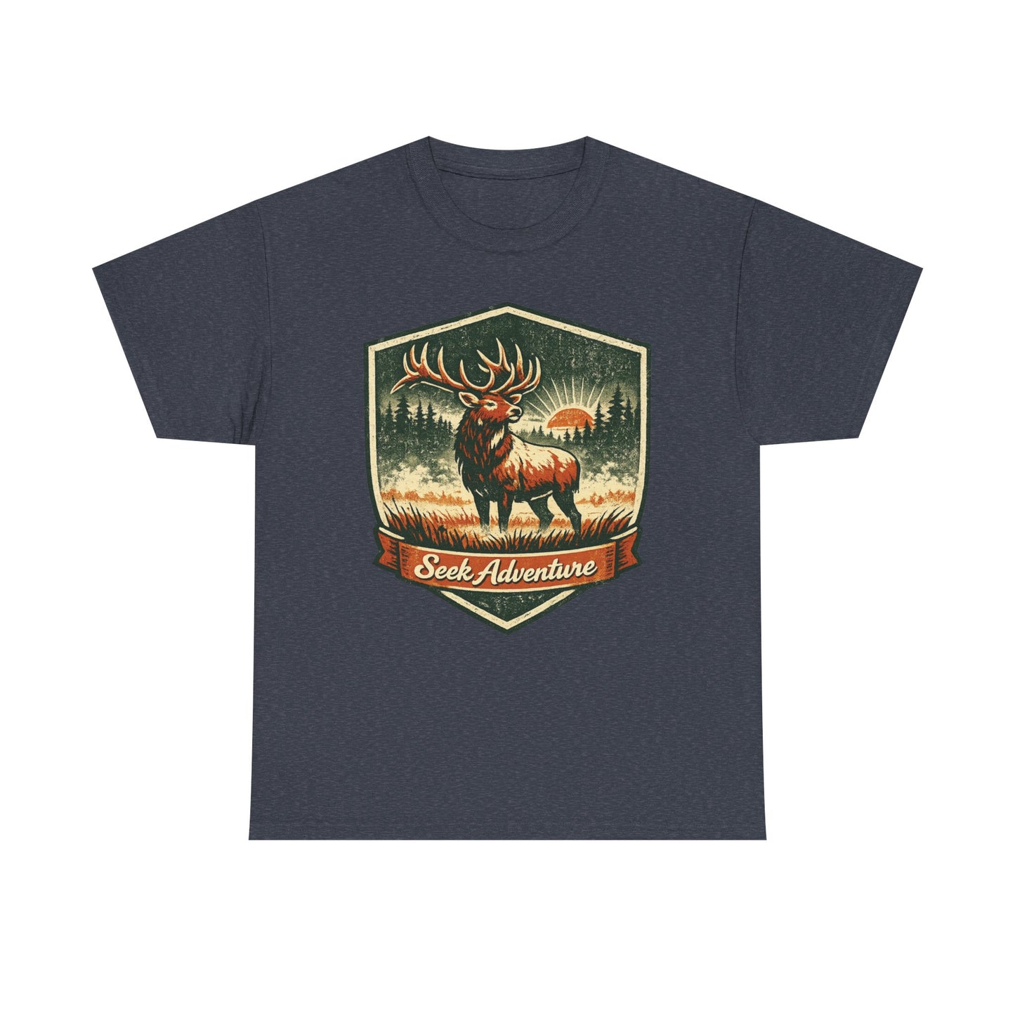 Elk At Dawn Vintage Badge Tee | Seek Adventure Graphic Shirt | Outdoor Nature Gift