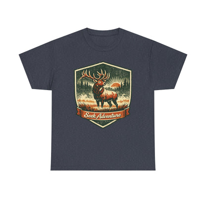 Elk At Dawn Vintage Badge Tee | Seek Adventure Graphic Shirt | Outdoor Nature Gift