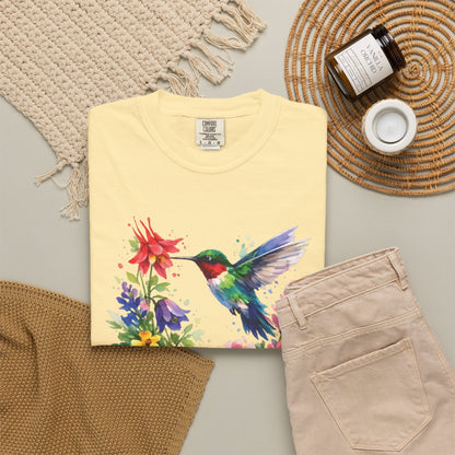 Hummingbird Wildflower Watercolor Tee | Jewel Tone Nature Shirt | Bird Watcher Gift