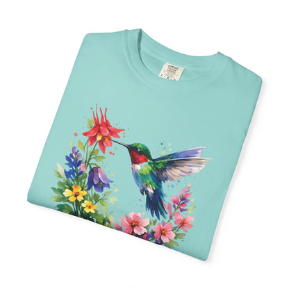 Hummingbird Wildflower Watercolor Tee | Jewel Tone Nature Shirt | Bird Watcher Gift