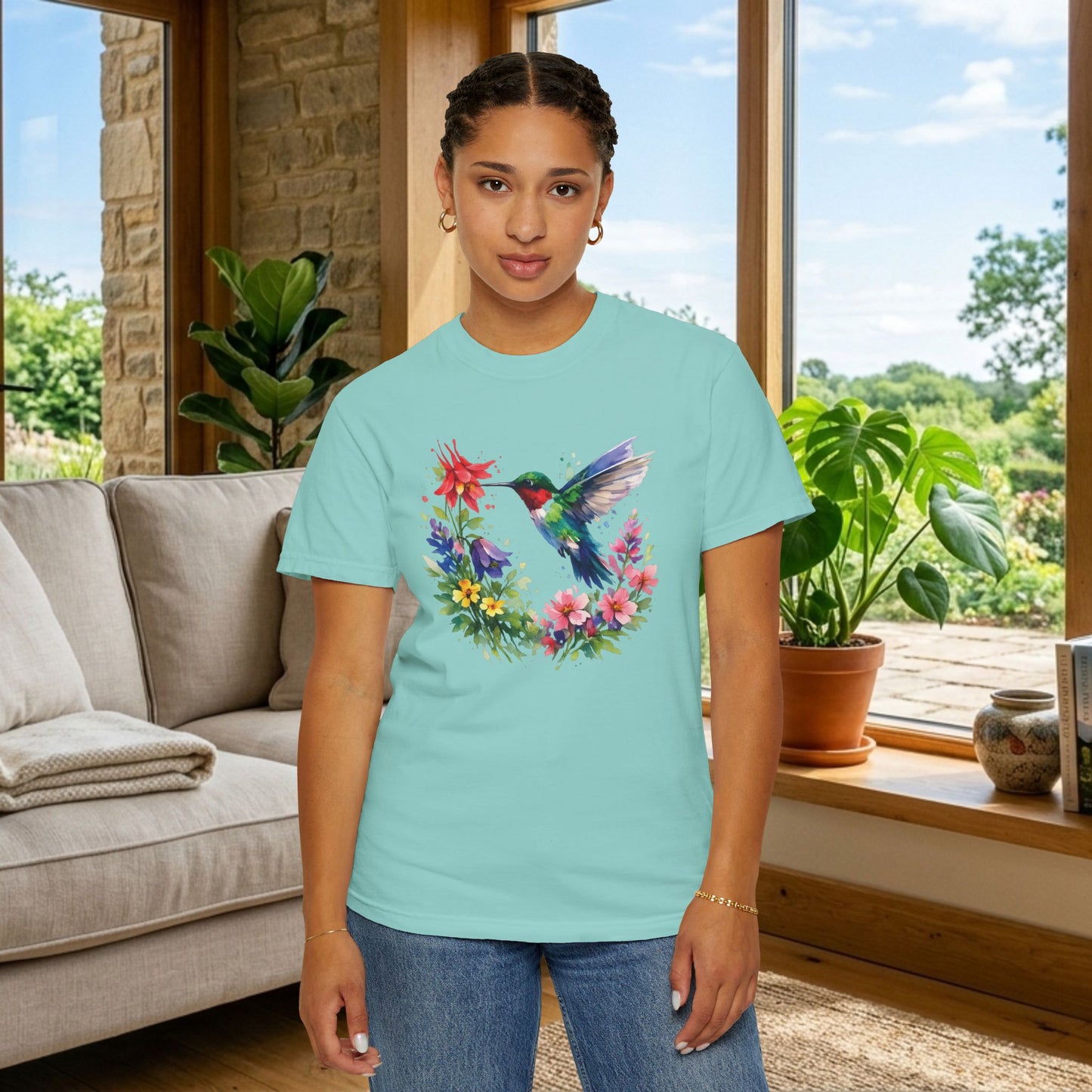 Hummingbird Wildflower Watercolor Tee | Jewel Tone Nature Shirt | Bird Watcher Gift
