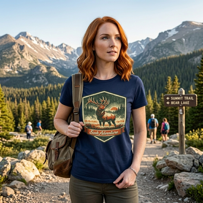 Elk At Dawn Vintage Badge Tee | Seek Adventure Graphic Shirt | Outdoor Nature Gift