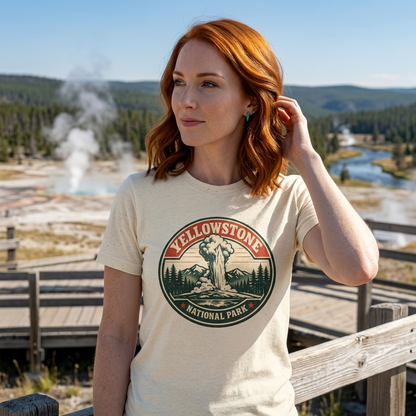 Yellowstone Park Badge Tee | Old Faithful Mountain Pine Trees Retro Circle Design