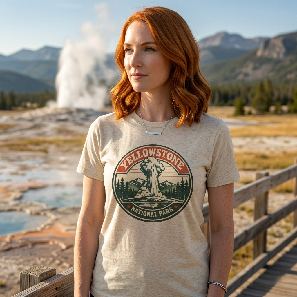 Yellowstone Park Badge Tee | Old Faithful Mountain Pine Trees Retro Circle Design