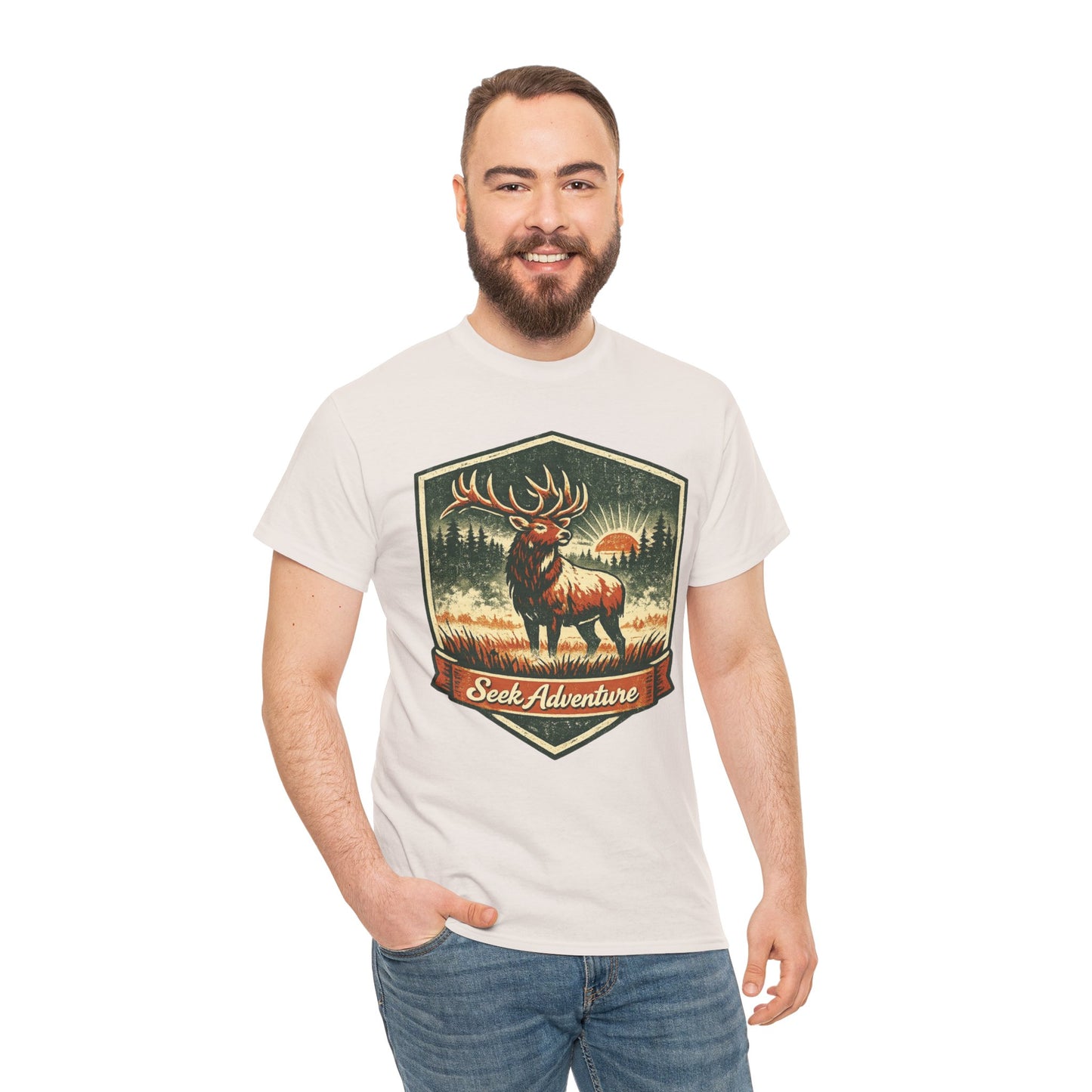 Elk At Dawn Vintage Badge Tee | Seek Adventure Graphic Shirt | Outdoor Nature Gift