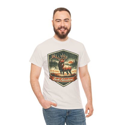 Elk At Dawn Vintage Badge Tee | Seek Adventure Graphic Shirt | Outdoor Nature Gift