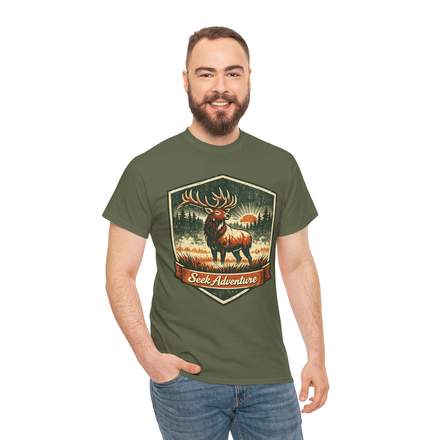 Elk At Dawn Vintage Badge Tee | Seek Adventure Graphic Shirt | Outdoor Nature Gift