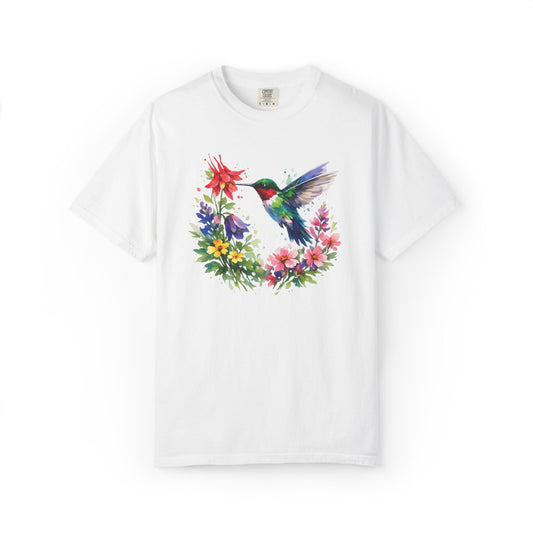 Hummingbird Wildflower Watercolor Tee | Jewel Tone Nature Shirt | Bird Watcher Gift