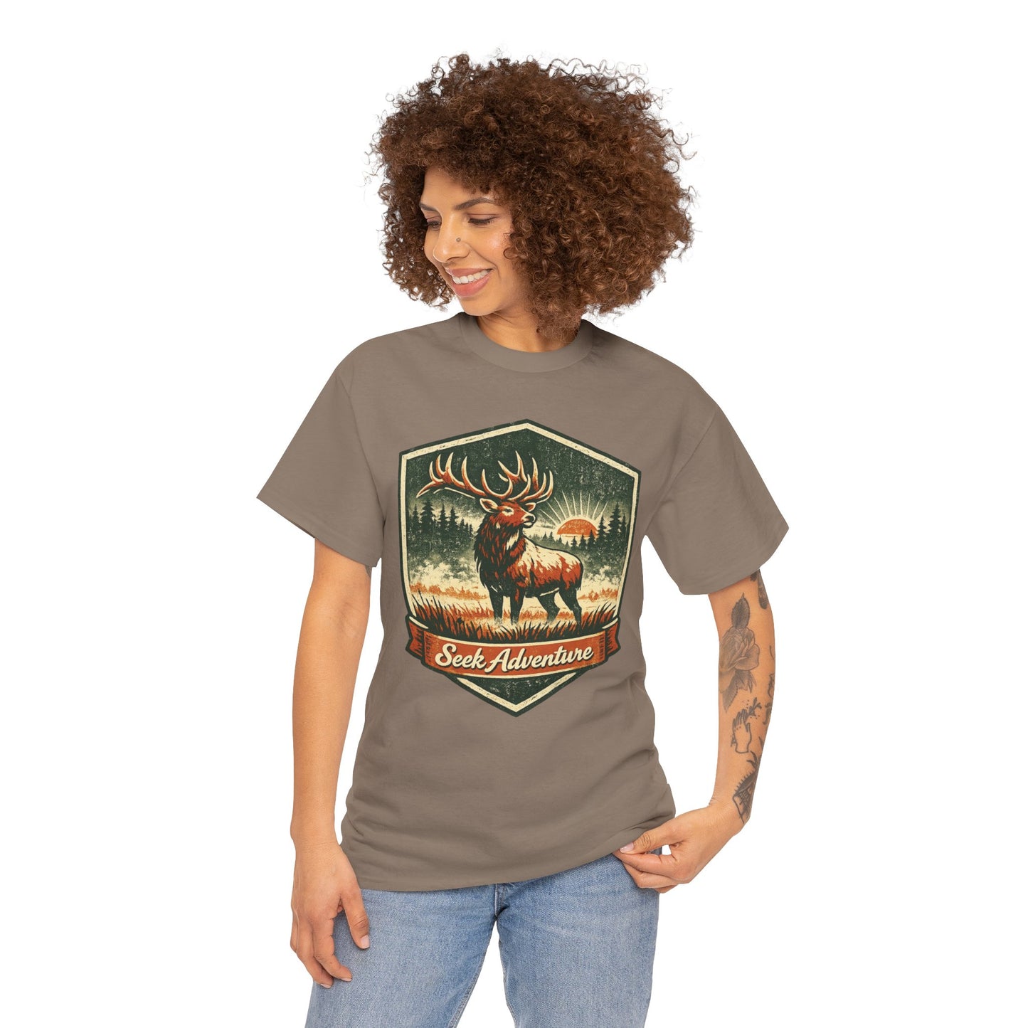 Elk At Dawn Vintage Badge Tee | Seek Adventure Graphic Shirt | Outdoor Nature Gift