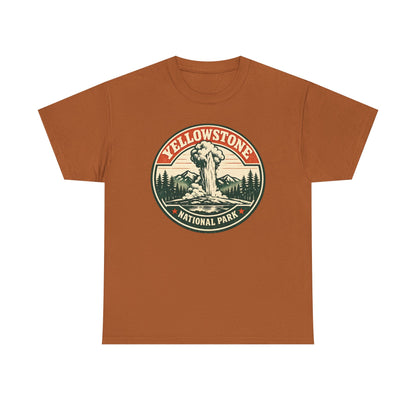 Yellowstone Park Badge Tee | Old Faithful Mountain Pine Trees Retro Circle Design