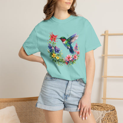 Hummingbird Wildflower Watercolor Tee | Jewel Tone Nature Shirt | Bird Watcher Gift