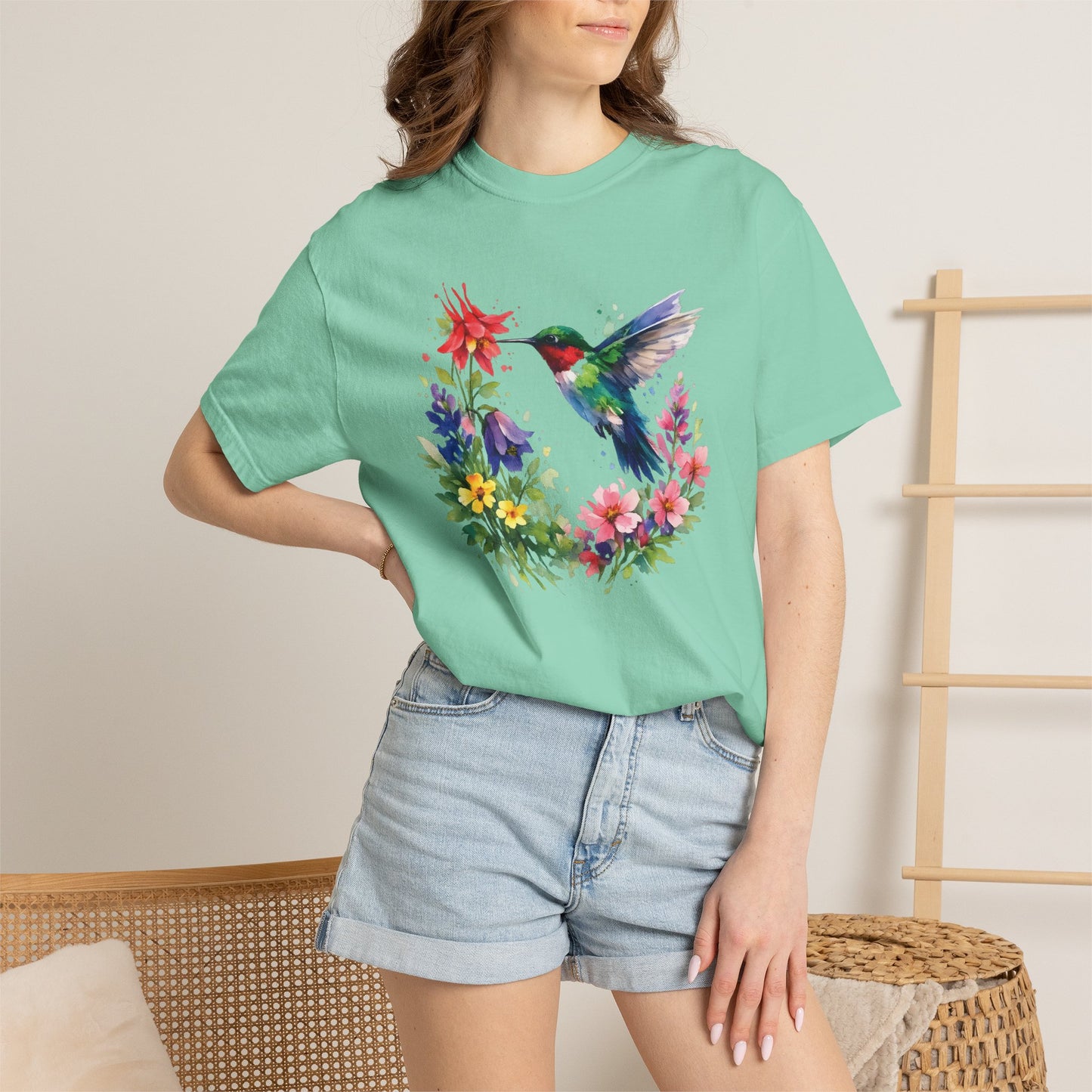 Hummingbird Wildflower Watercolor Tee | Jewel Tone Nature Shirt | Bird Watcher Gift