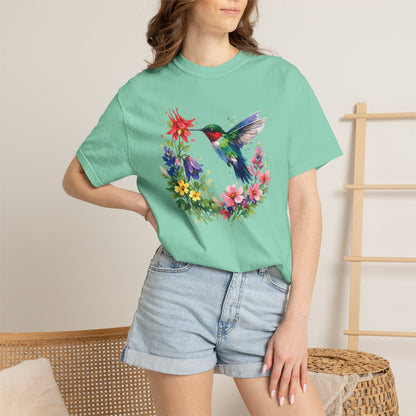 Hummingbird Wildflower Watercolor Tee | Jewel Tone Nature Shirt | Bird Watcher Gift
