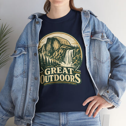 Great Outdoors Retro Badge Tee | Yosemite Half Dome Graphic Shirt | Camping Gift